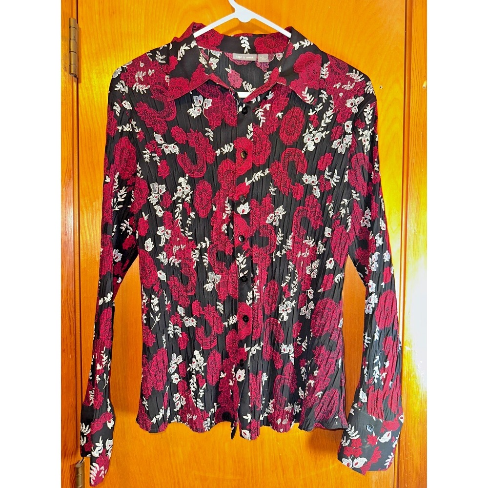 Apt 9 Womens Large Red‎ Black Long Sleeve Floral Button Down Top